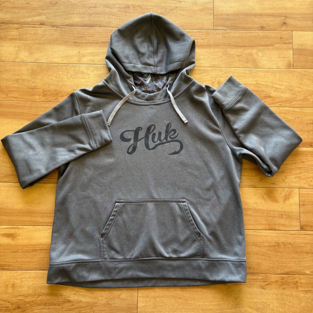 Huk Performance Fabrics Gray Hoodie Pullover Long Sleeve Mens XL Fish Hook Logo - Picture 2 of 8